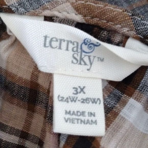 EUC 3X Terra & Sky Plaid Ruffle-Front Short-Sleeve Blouse, 100% Cotton - Picture 9 of 11